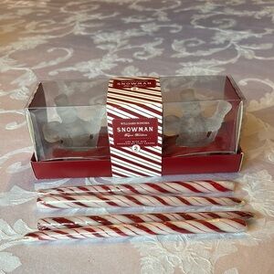 Williams Sonoma Snowman Candle Holders with Red and White Candy Cane Candles